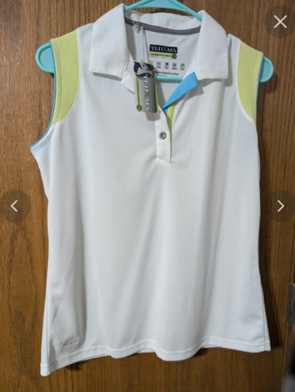 NWT TEHAMA Carbon Tech Sz Med White Sleeveless Polo w Lime and Sky Blue Accents